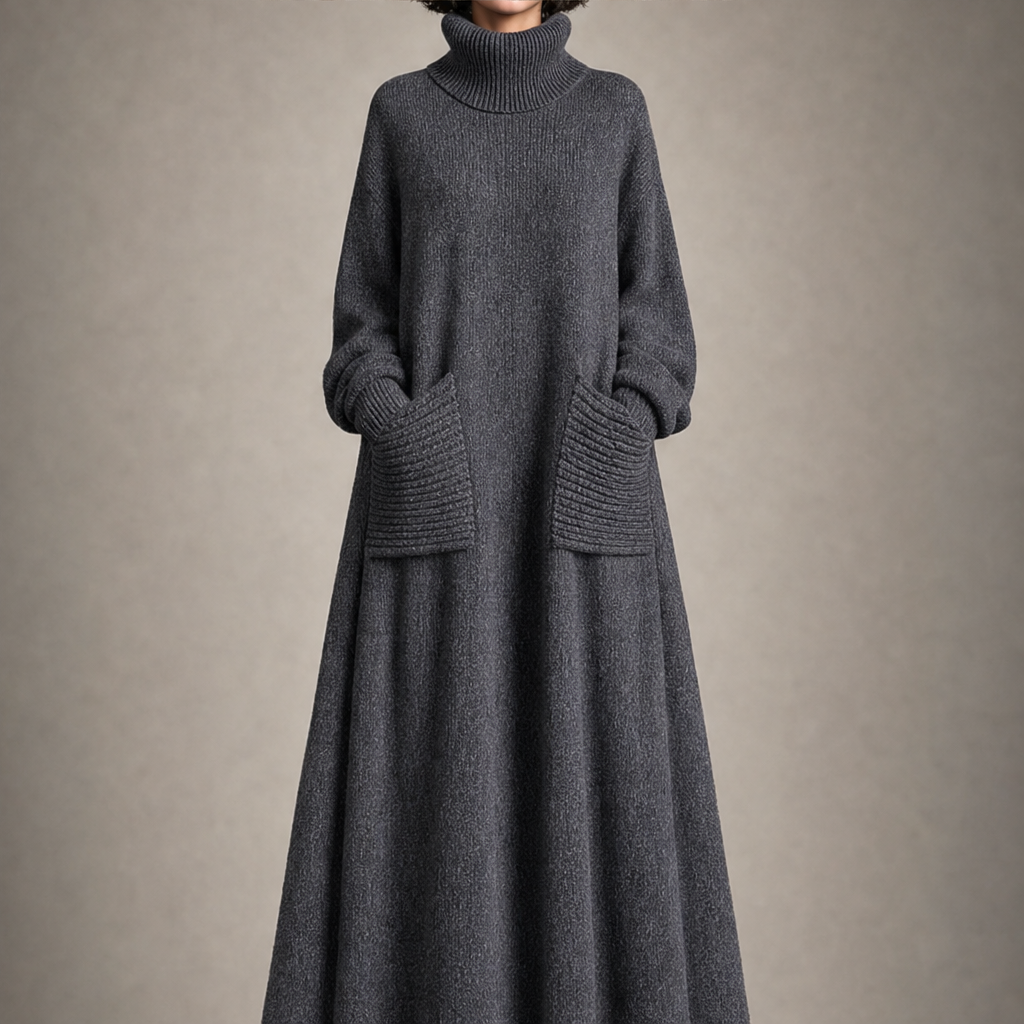 Skylar – Women's Cozy High Neck A-Line Maxi Dress with Ribbed Pockets