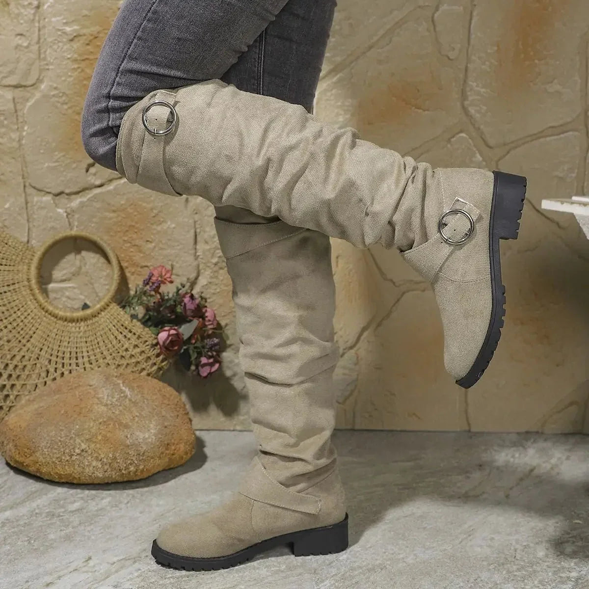 Stevie – Women's Chunky Sole Suede-Look Knee-High Boots