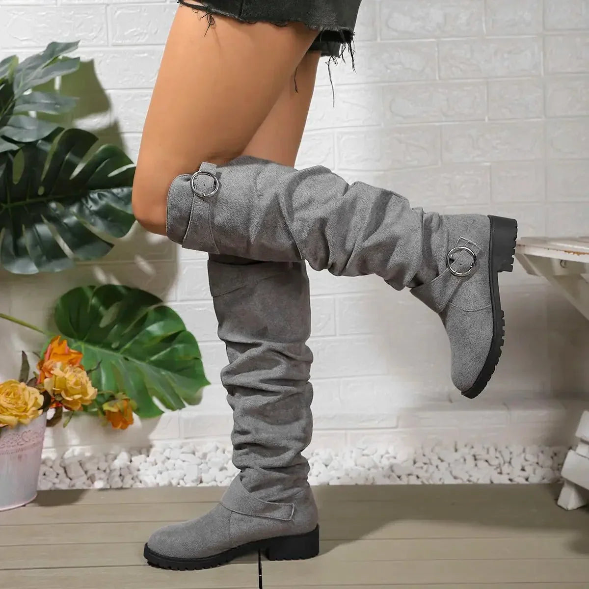 Stevie – Women's Chunky Sole Suede-Look Knee-High Boots