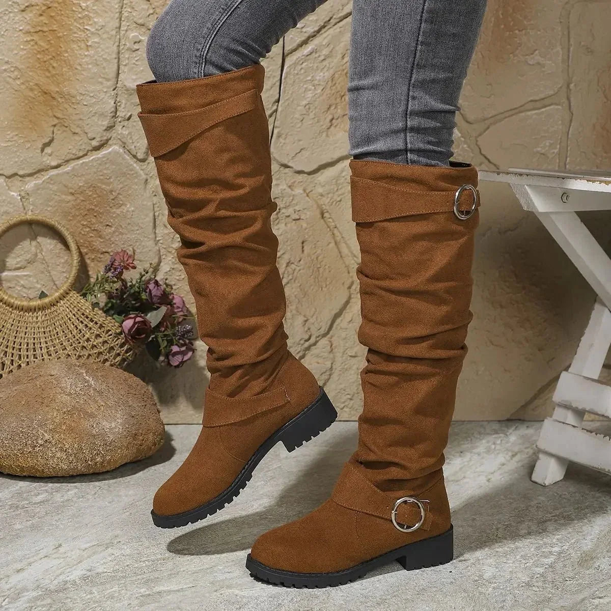 Stevie – Women's Chunky Sole Suede-Look Knee-High Boots