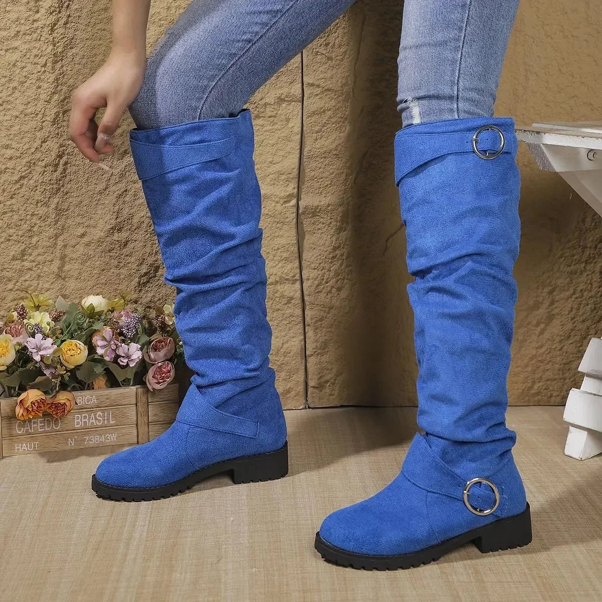 Stevie – Women's Chunky Sole Suede-Look Knee-High Boots