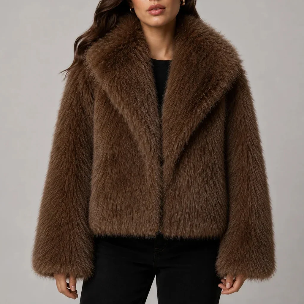 Tatum – Women's Short Shaggy Faux Fur-Look Jacket with Wide Collar