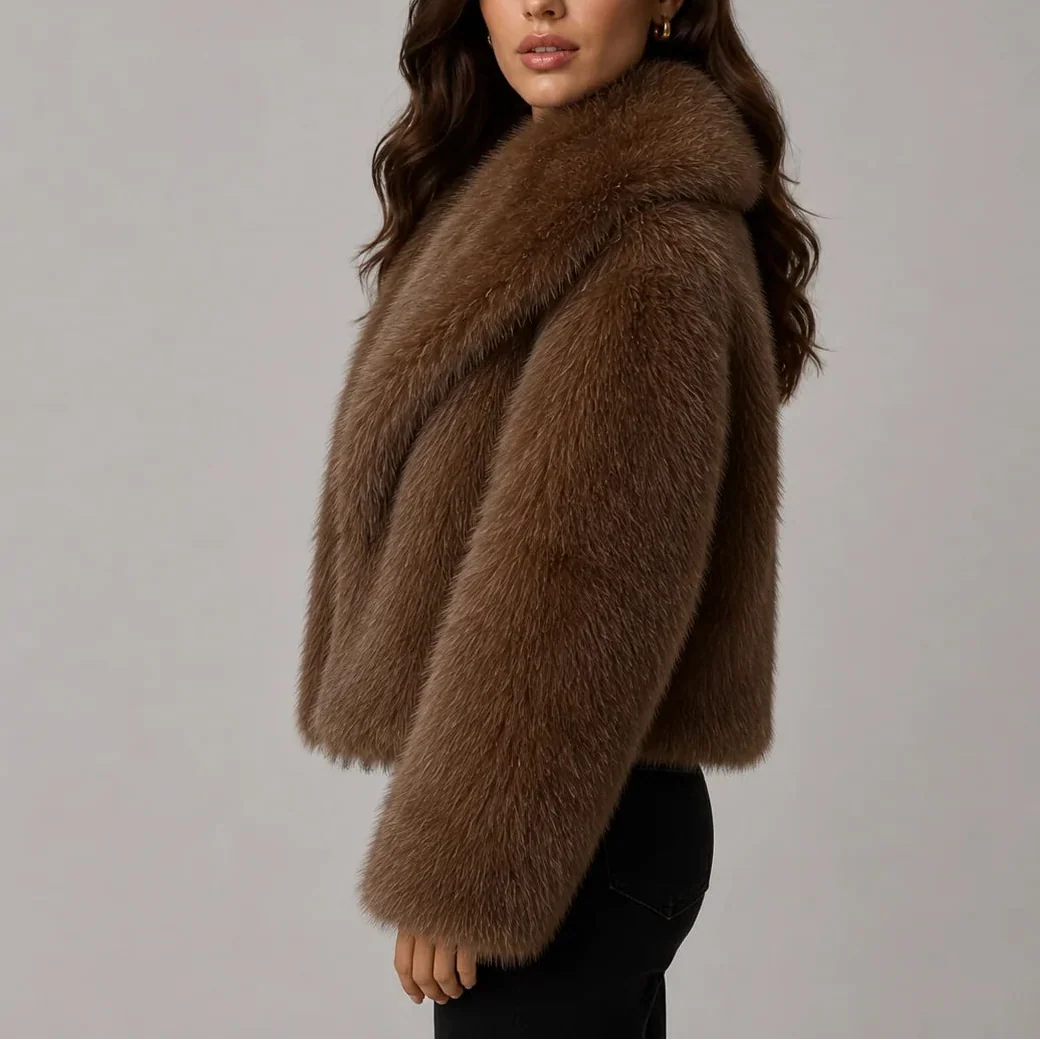 Tatum – Women's Short Shaggy Faux Fur-Look Jacket with Wide Collar