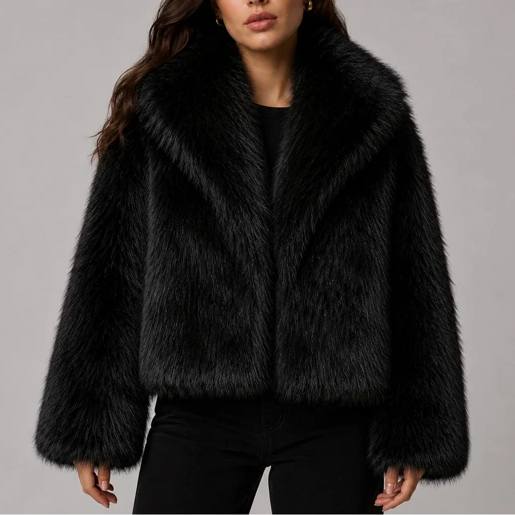 Tatum – Women's Short Shaggy Faux Fur-Look Jacket with Wide Collar