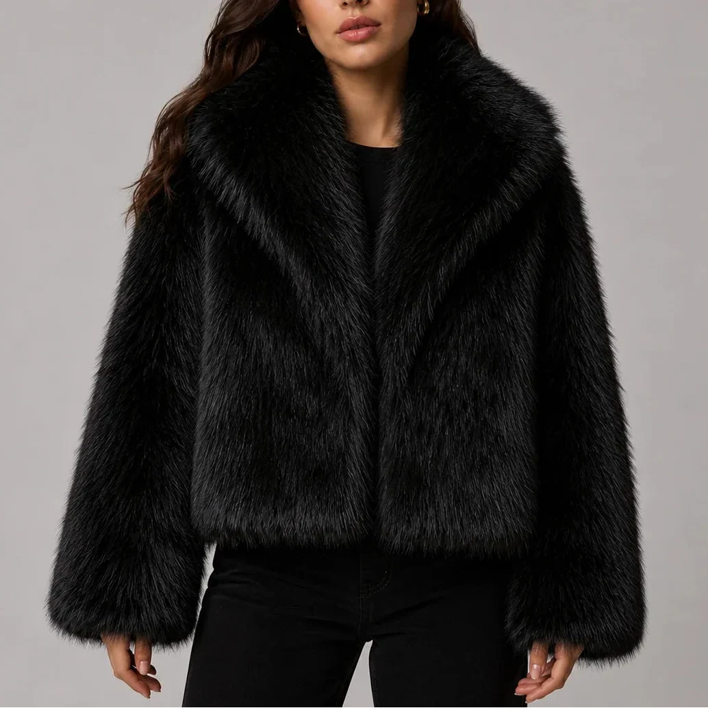 Tatum – Women's Short Shaggy Faux Fur-Look Jacket with Wide Collar