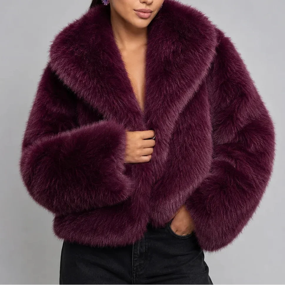 Tatum – Women's Short Shaggy Faux Fur-Look Jacket with Wide Collar