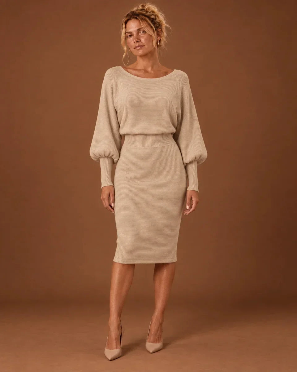 Tessa – Women's Batwing Sleeve Midi Sweater Dress with Banded Waist
