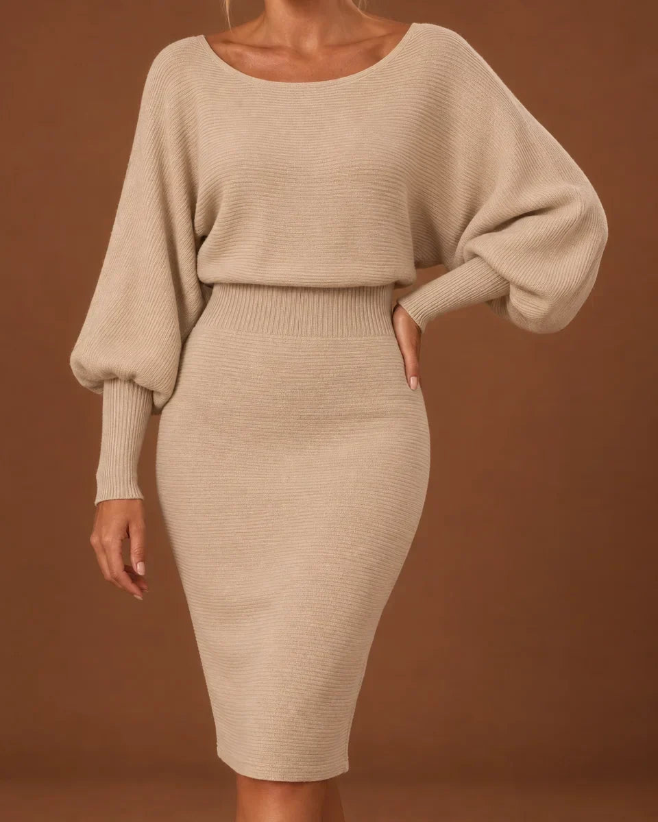 Tessa – Women's Batwing Sleeve Midi Sweater Dress with Banded Waist