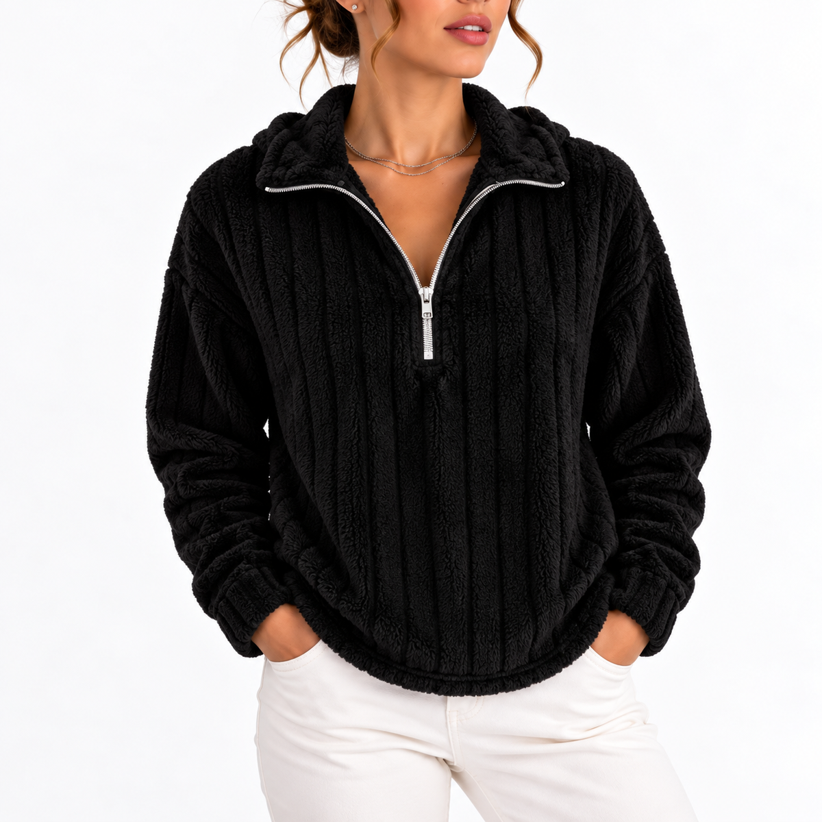 Valentina – Women's Fluffy Half Zip Sweatshirt with Ribbed Texture
