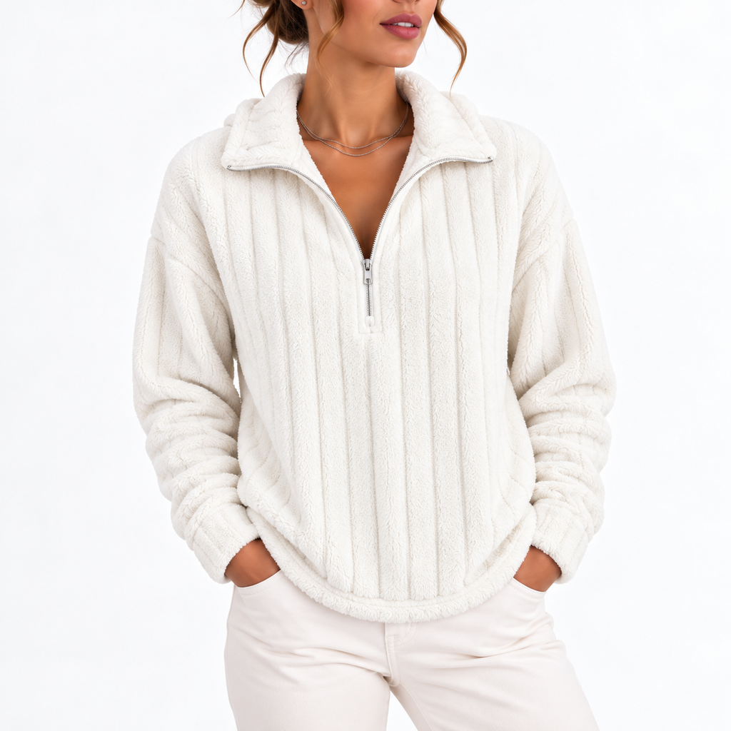 Valentina – Women's Fluffy Half Zip Sweatshirt with Ribbed Texture