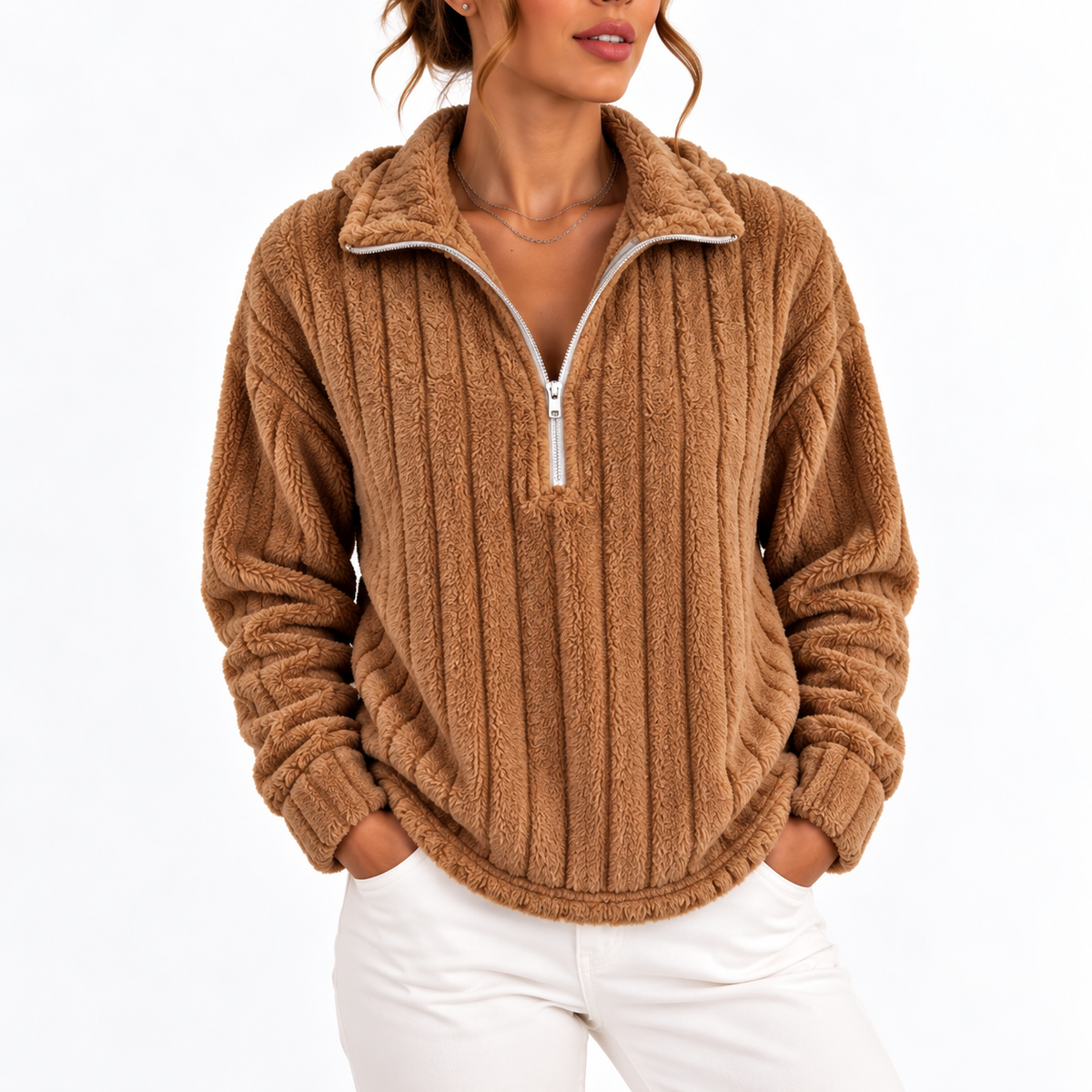 Valentina – Women's Fluffy Half Zip Sweatshirt with Ribbed Texture