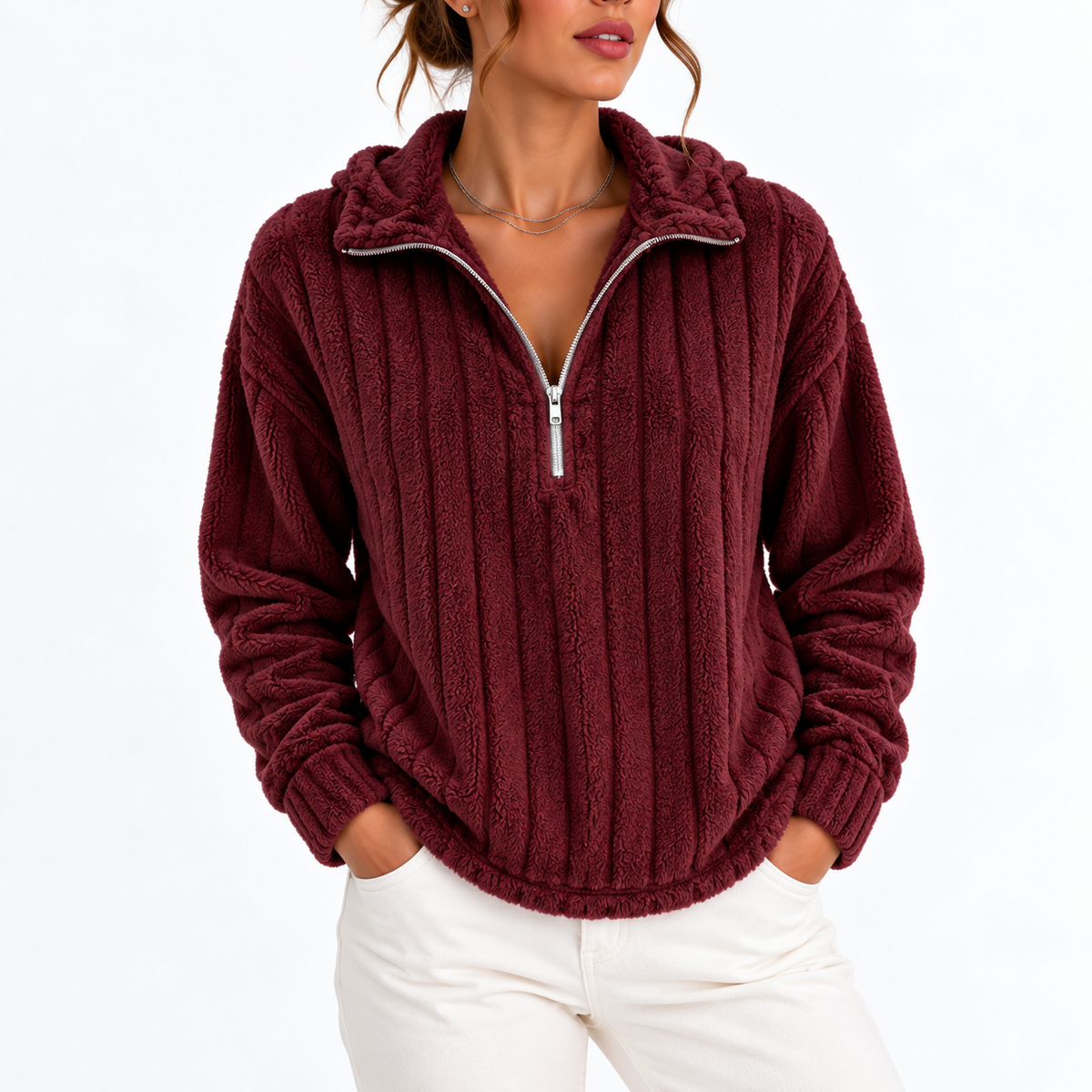 Valentina – Women's Fluffy Half Zip Sweatshirt with Ribbed Texture