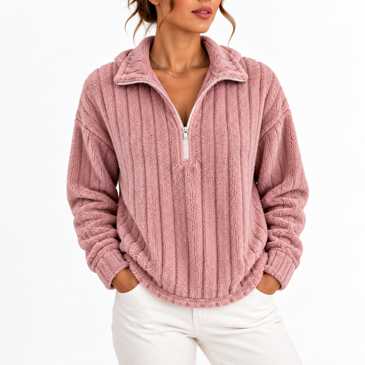 Valentina – Women's Fluffy Half Zip Sweatshirt with Ribbed Texture