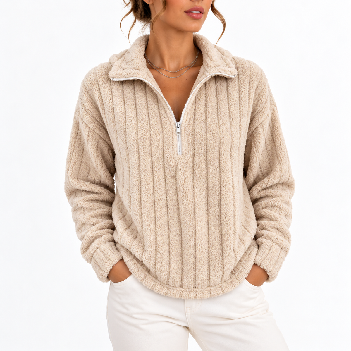 Valentina – Women's Fluffy Half Zip Sweatshirt with Ribbed Texture