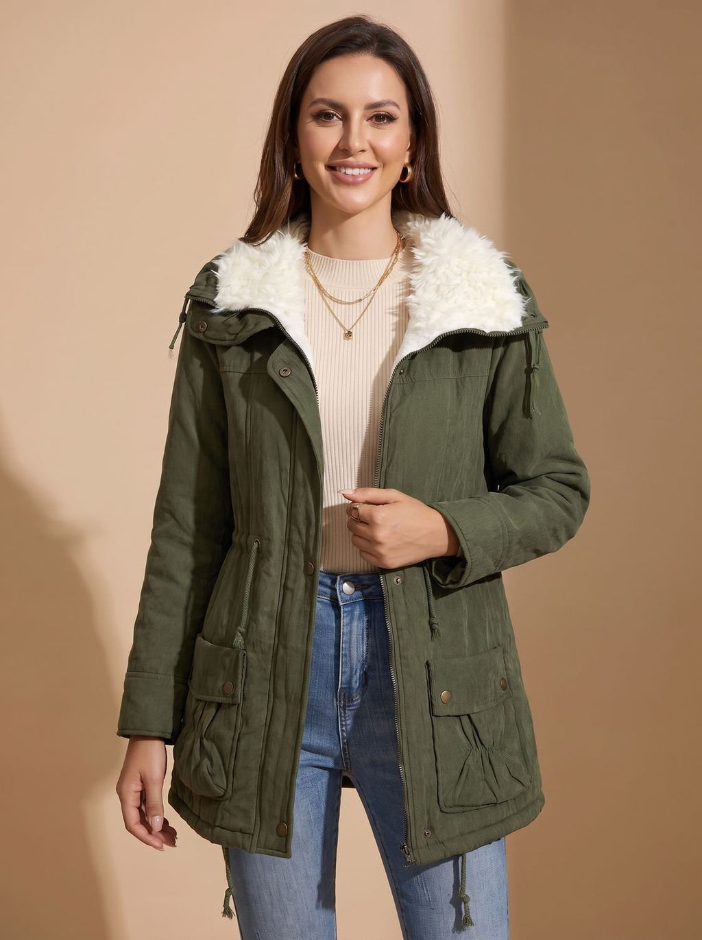 Summer – Snap-Front Hooded Parka with Fur-Look Collar for Women