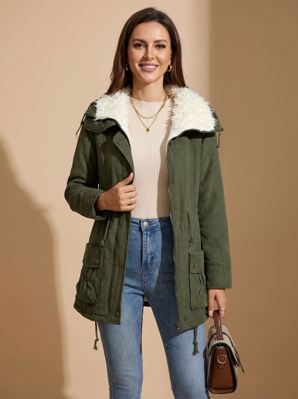 Summer – Snap-Front Hooded Parka with Fur-Look Collar for Women
