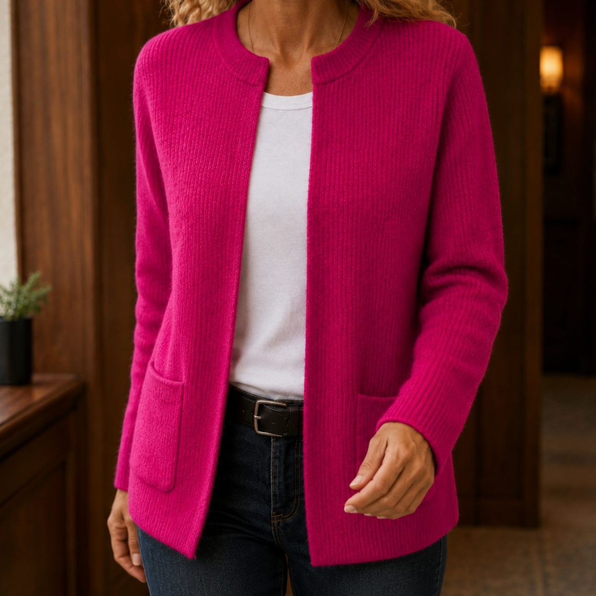 Solange – Oversized Ribbed Cardigan with Patch Pockets for Women