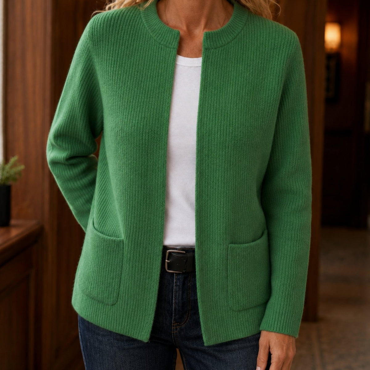 Solange – Oversized Ribbed Cardigan with Patch Pockets for Women