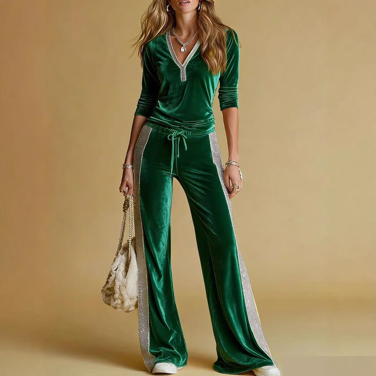 Angela – Velvet-Look Set with Sparkle Side Stripes for Women