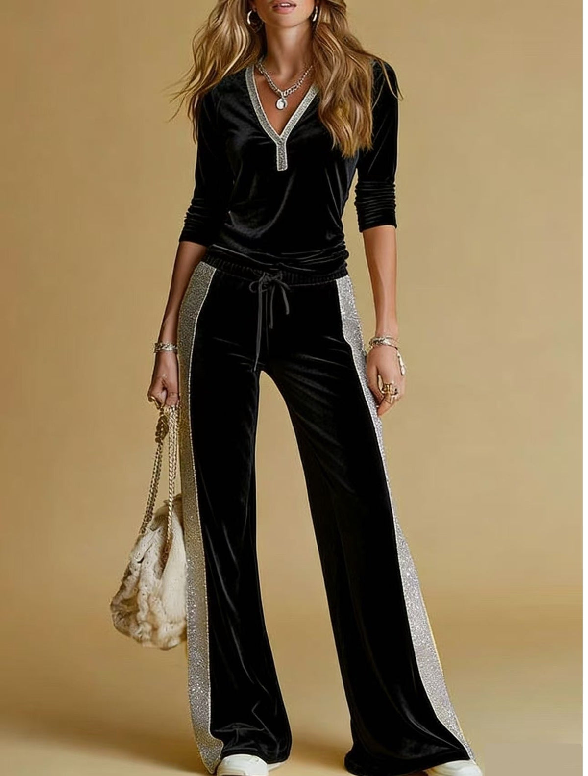 Angela – Velvet-Look Set with Sparkle Side Stripes for Women