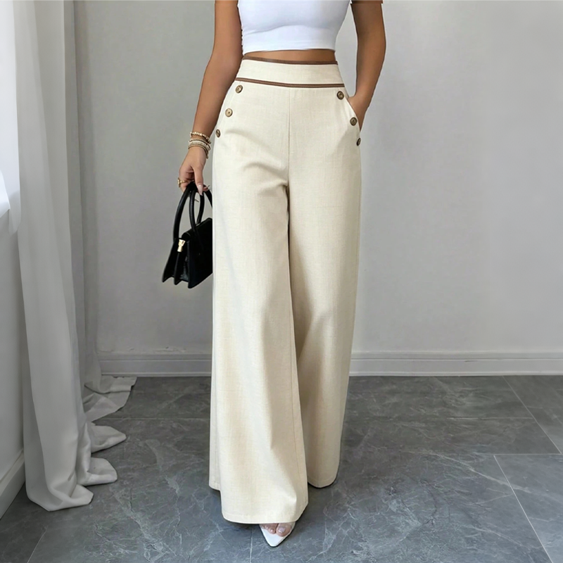 Carol – Wide-Leg Pants with Button-Trim Waistband for Women