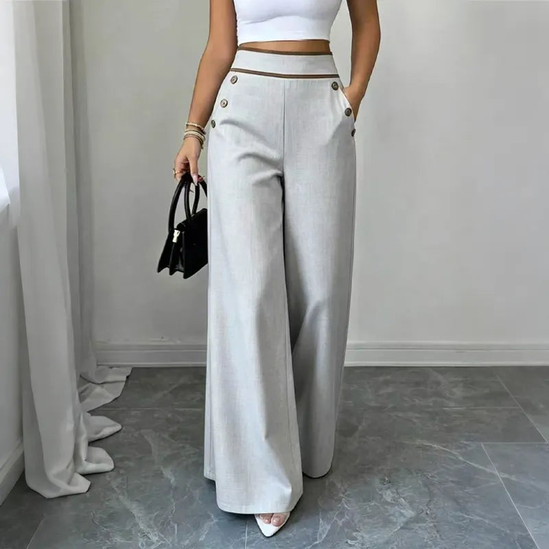 Carol – Wide-Leg Pants with Button-Trim Waistband for Women