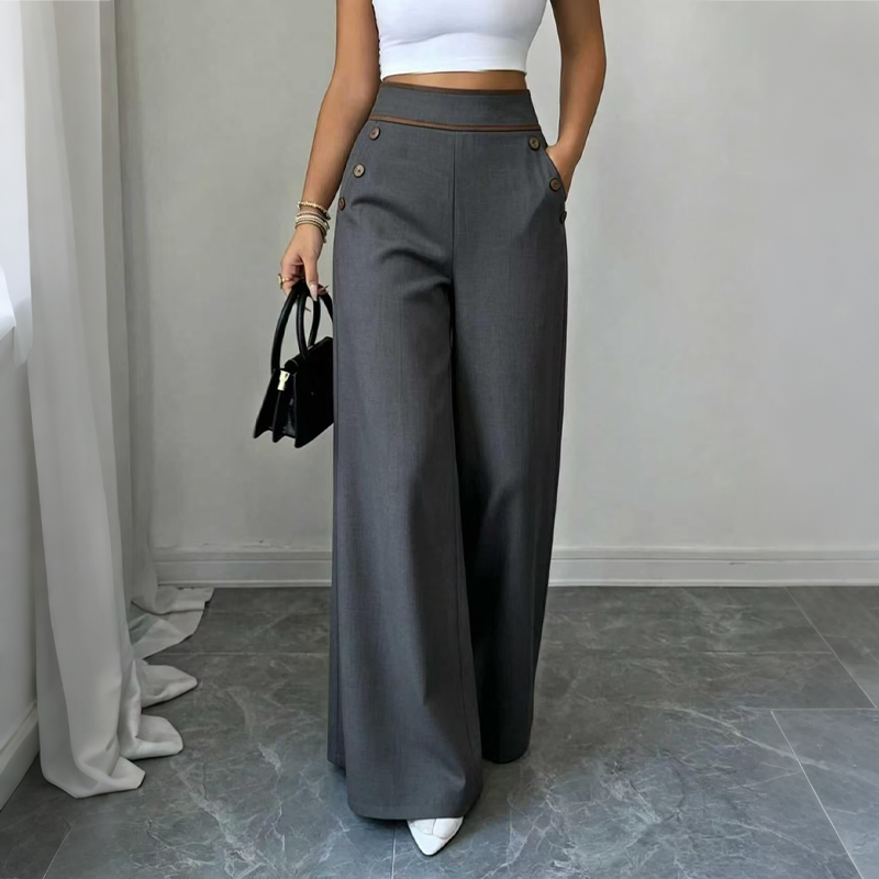 Carol – Wide-Leg Pants with Button-Trim Waistband for Women