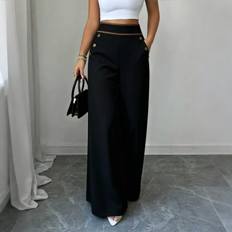 Carol – Wide-Leg Pants with Button-Trim Waistband for Women