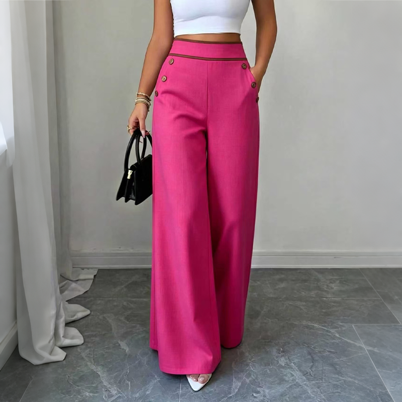 Carol – Wide-Leg Pants with Button-Trim Waistband for Women
