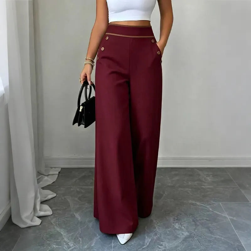 Carol – Wide-Leg Pants with Button-Trim Waistband for Women