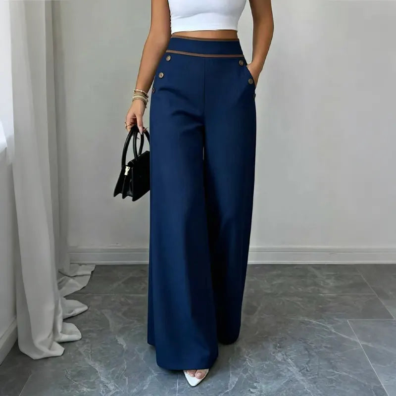 Carol – Wide-Leg Pants with Button-Trim Waistband for Women