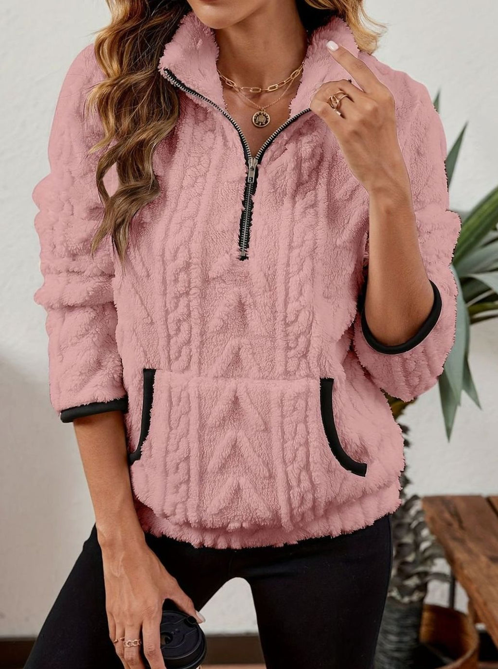 Women's Cozy Fleece Half-Zip Kangaroo Pocket Pullover Sweater