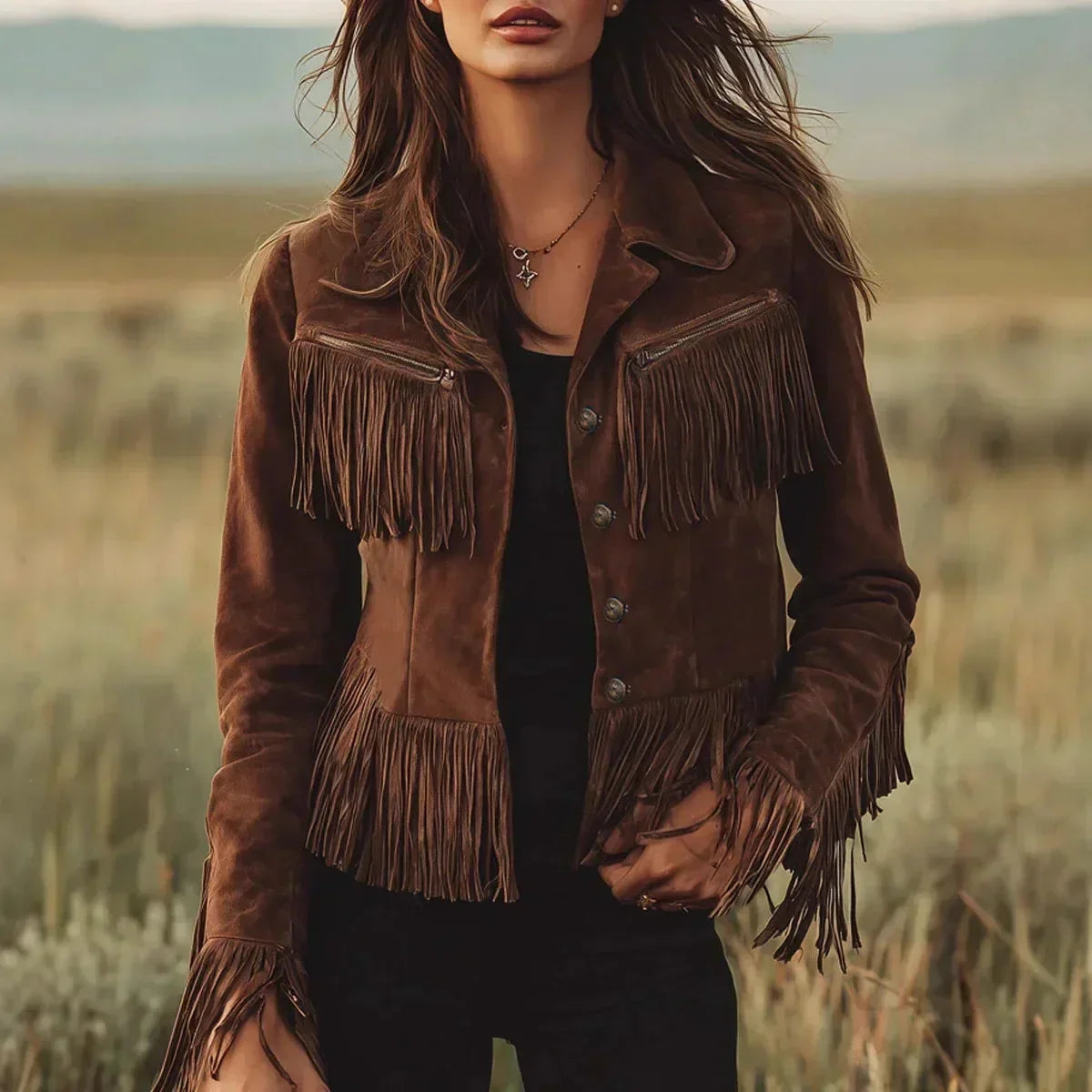 Olwen – Cropped Fringe Suede-Look Jacket for Women