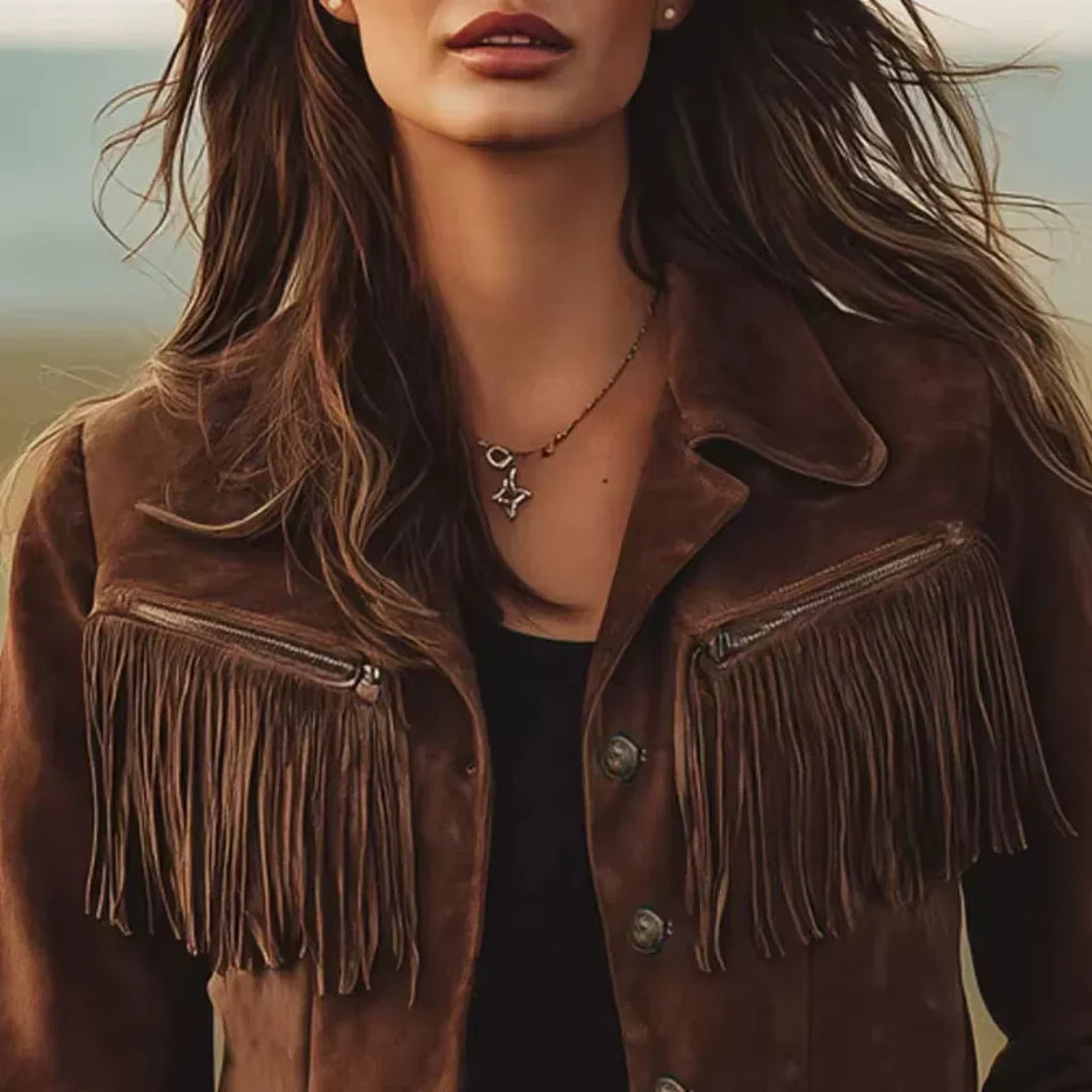 Olwen – Cropped Fringe Suede-Look Jacket for Women