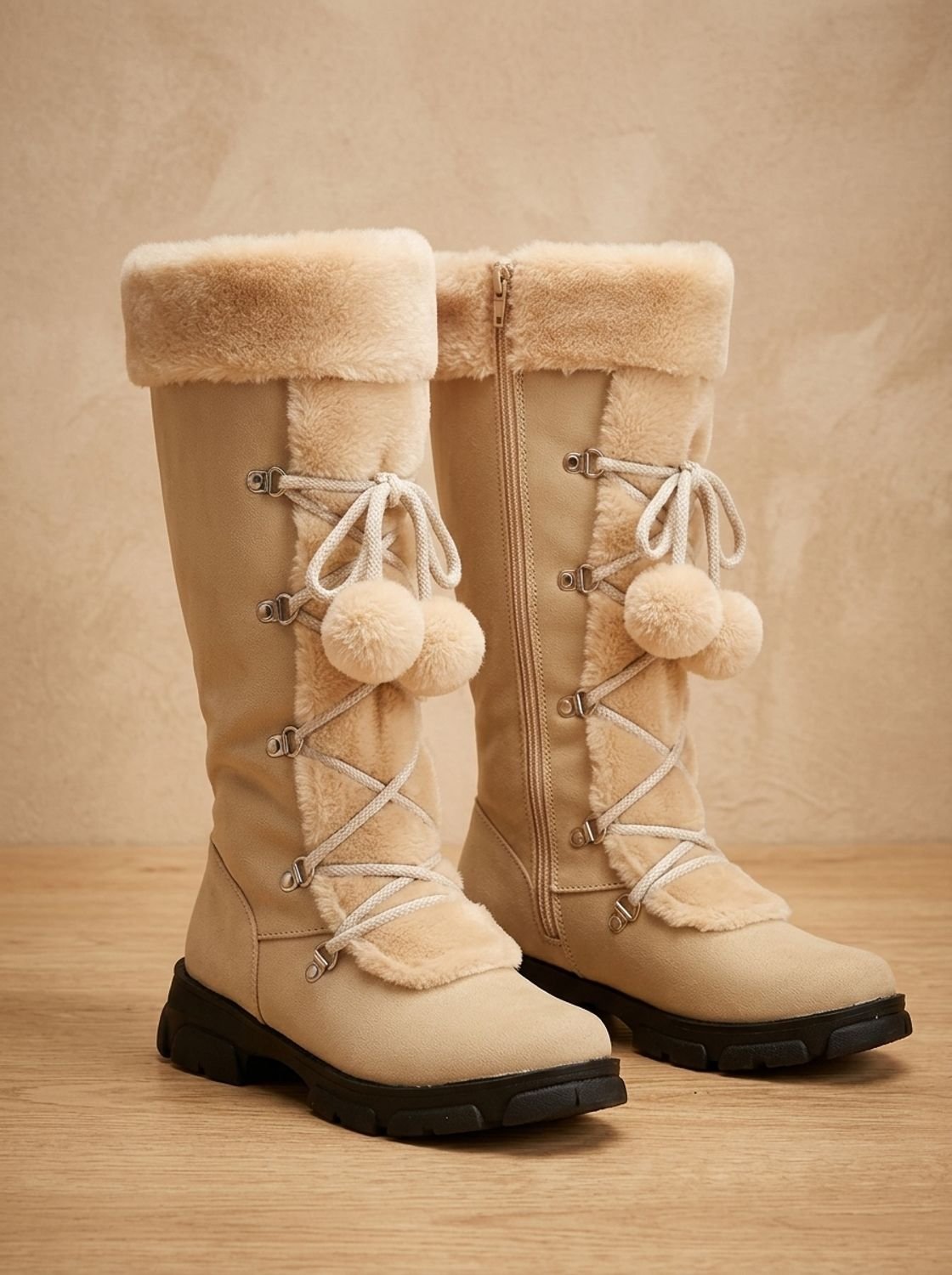 Women's Fur-Trimmed Lace-Up Mid-Calf Snow Boots, Black - Beige