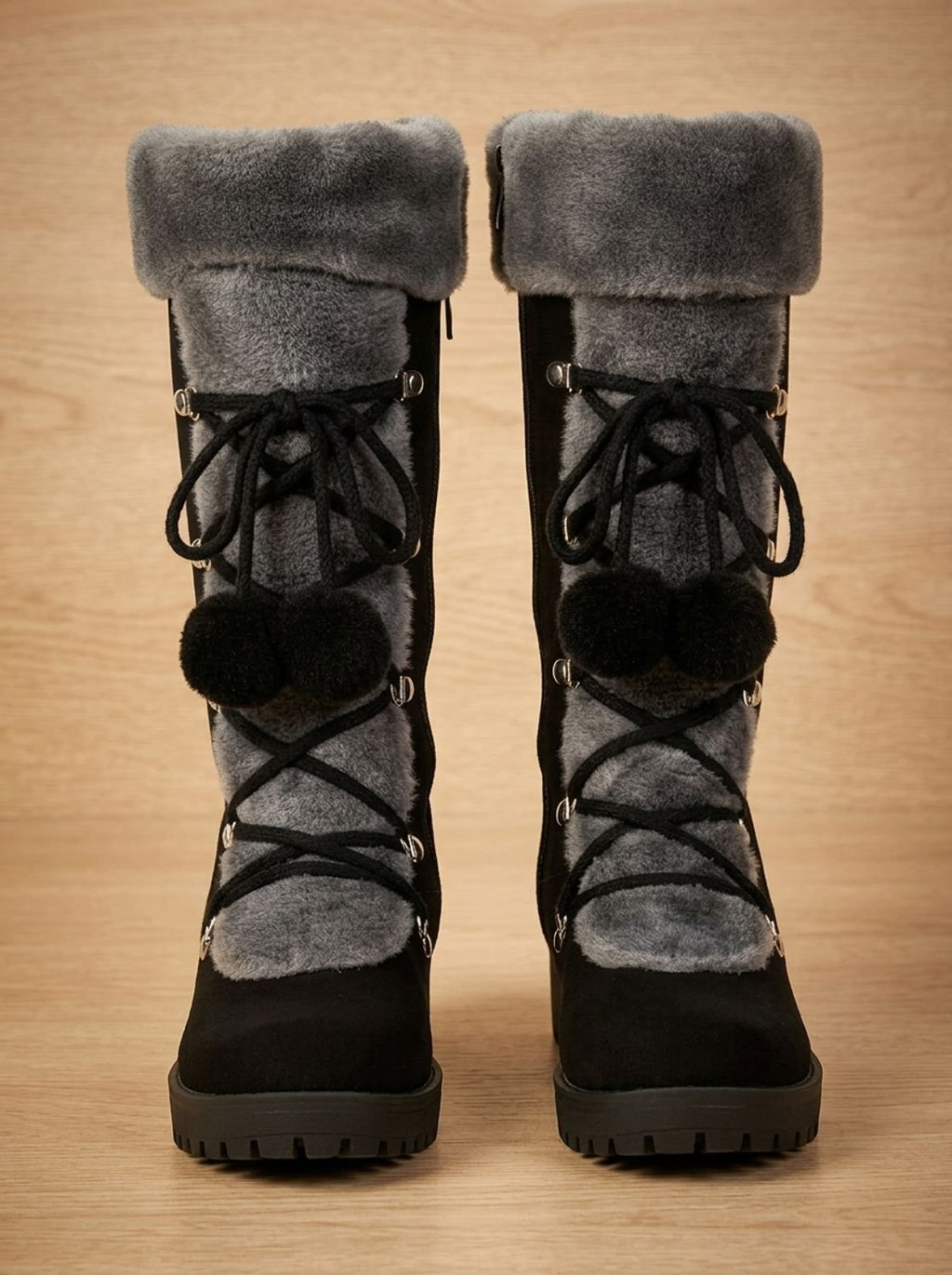 Women's Fur-Trimmed Lace-Up Mid-Calf Snow Boots, Black