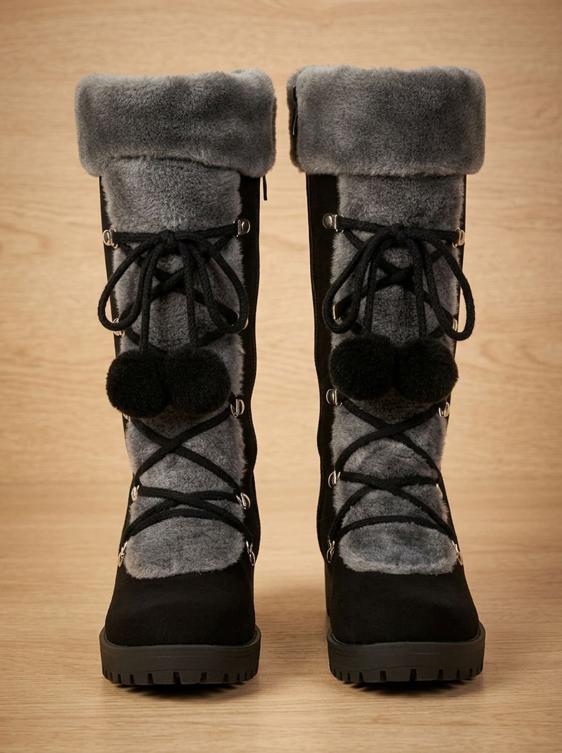 Women's Fur-Trimmed Lace-Up Mid-Calf Snow Boots, Black