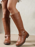 Women's Knee High Buckle Block Heel Riding Boots - Brown
