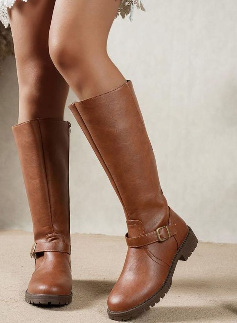 Women's Knee High Buckle Block Heel Riding Boots - Brown