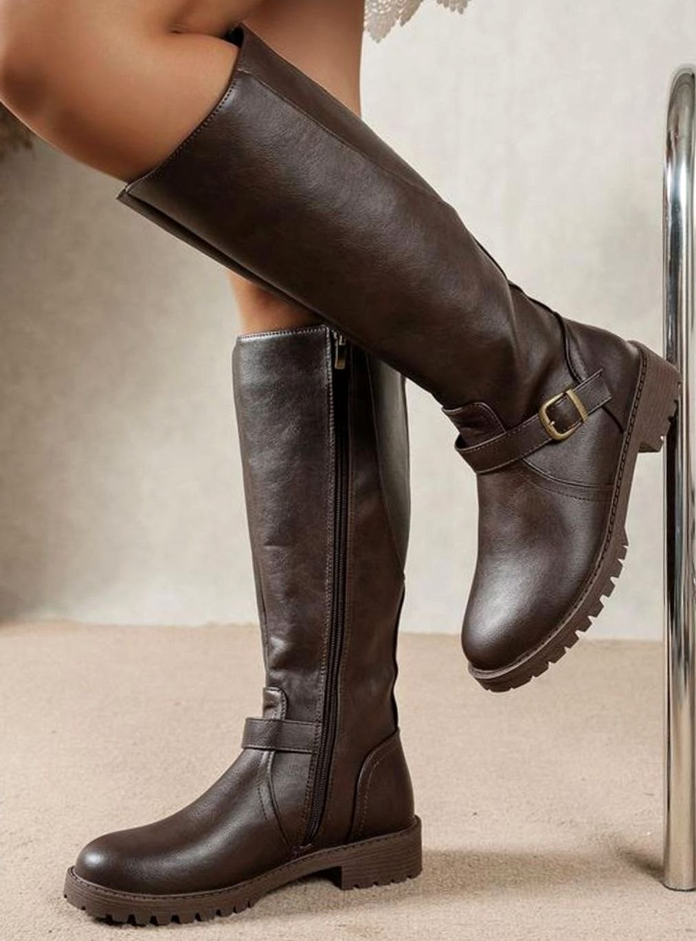 Women's Knee High Buckle Block Heel Riding Boots - Dark Brown