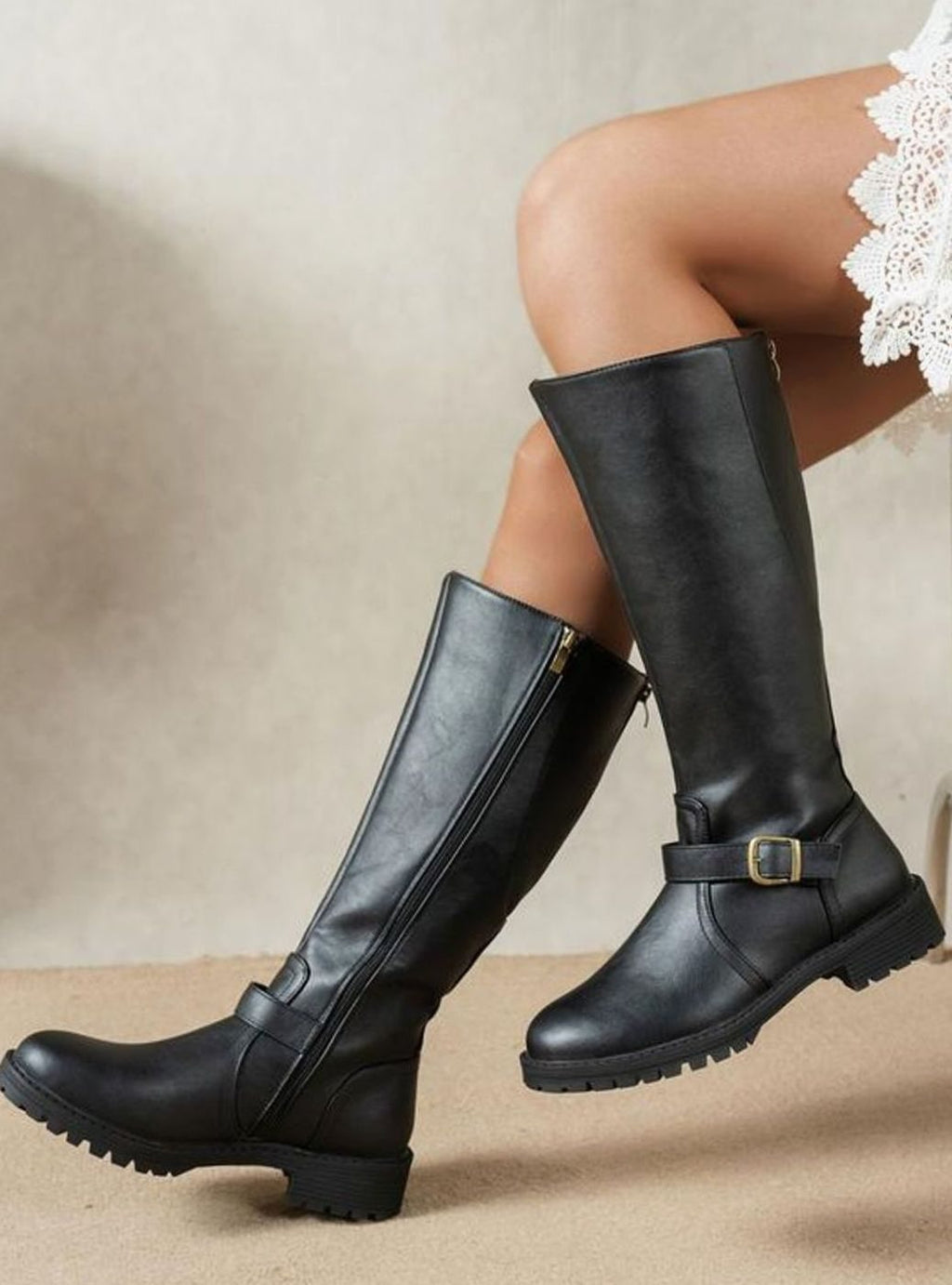 Women's Knee High Buckle Block Heel Riding Boots - Black