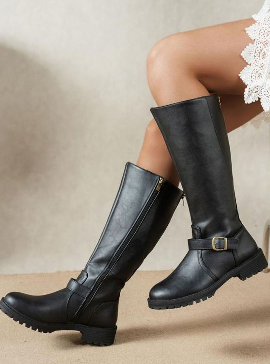 Women's Knee High Buckle Block Heel Riding Boots - Black