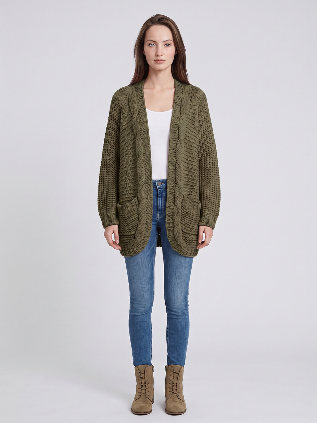 Gabriella – Cable-Stitch Cardigan with Patch Pockets for Women