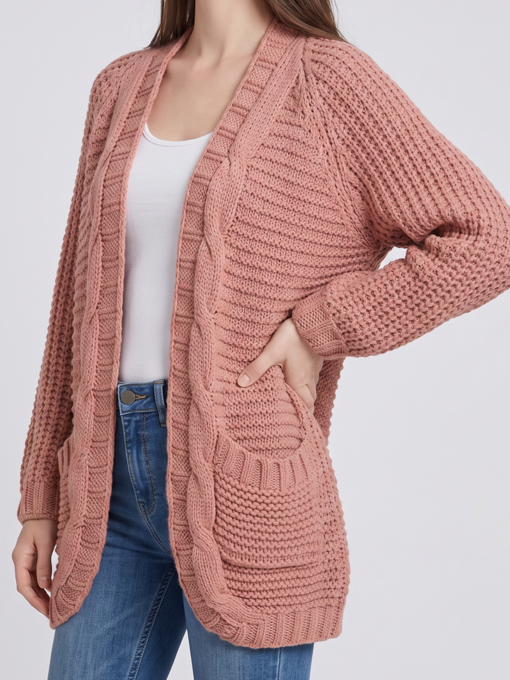 Gabriella – Cable-Stitch Cardigan with Patch Pockets for Women