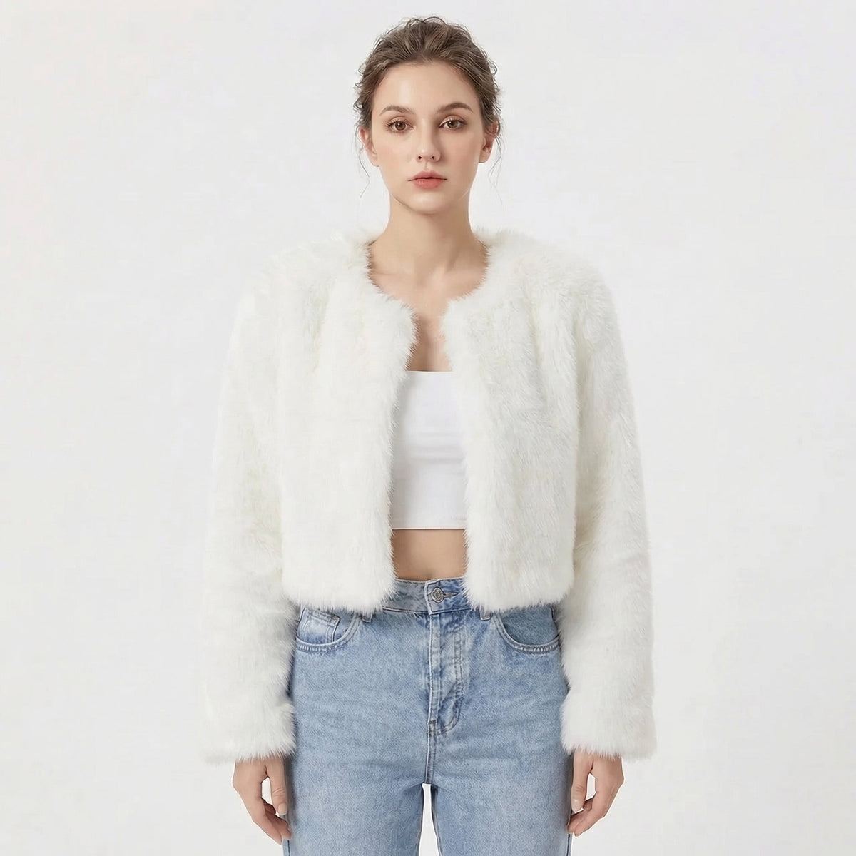 Wren – Round-Neck Cropped Fur-Look Coat for Women