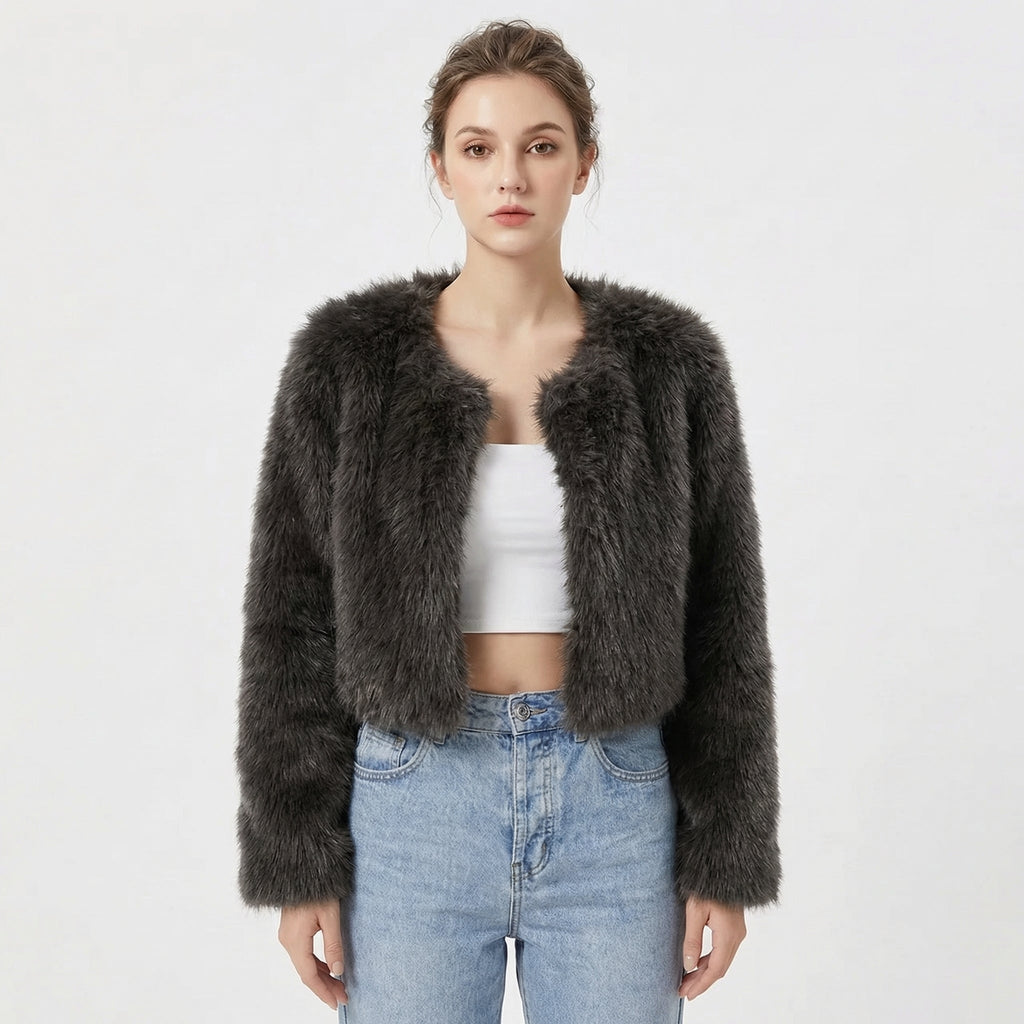 Wren – Round-Neck Cropped Fur-Look Coat for Women