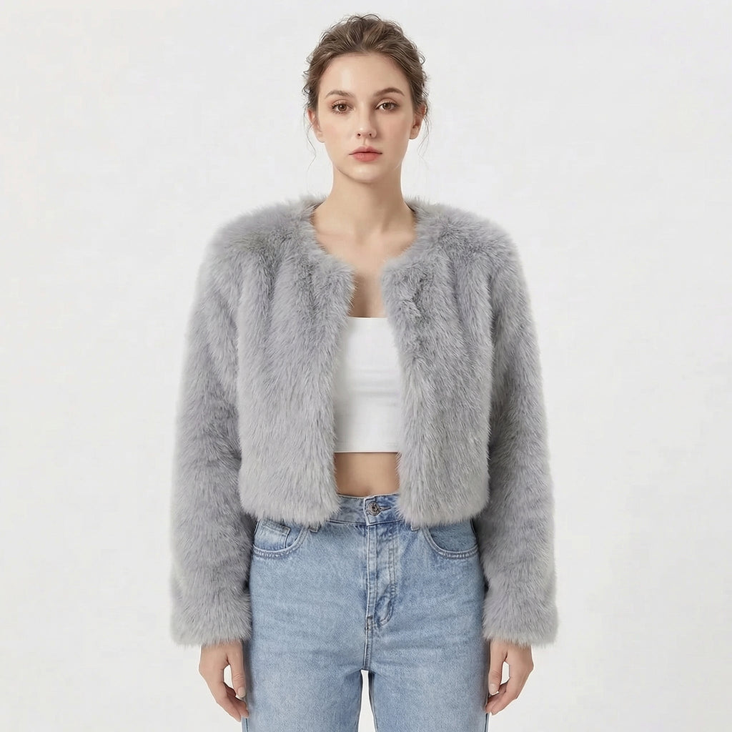 Wren – Round-Neck Cropped Fur-Look Coat for Women
