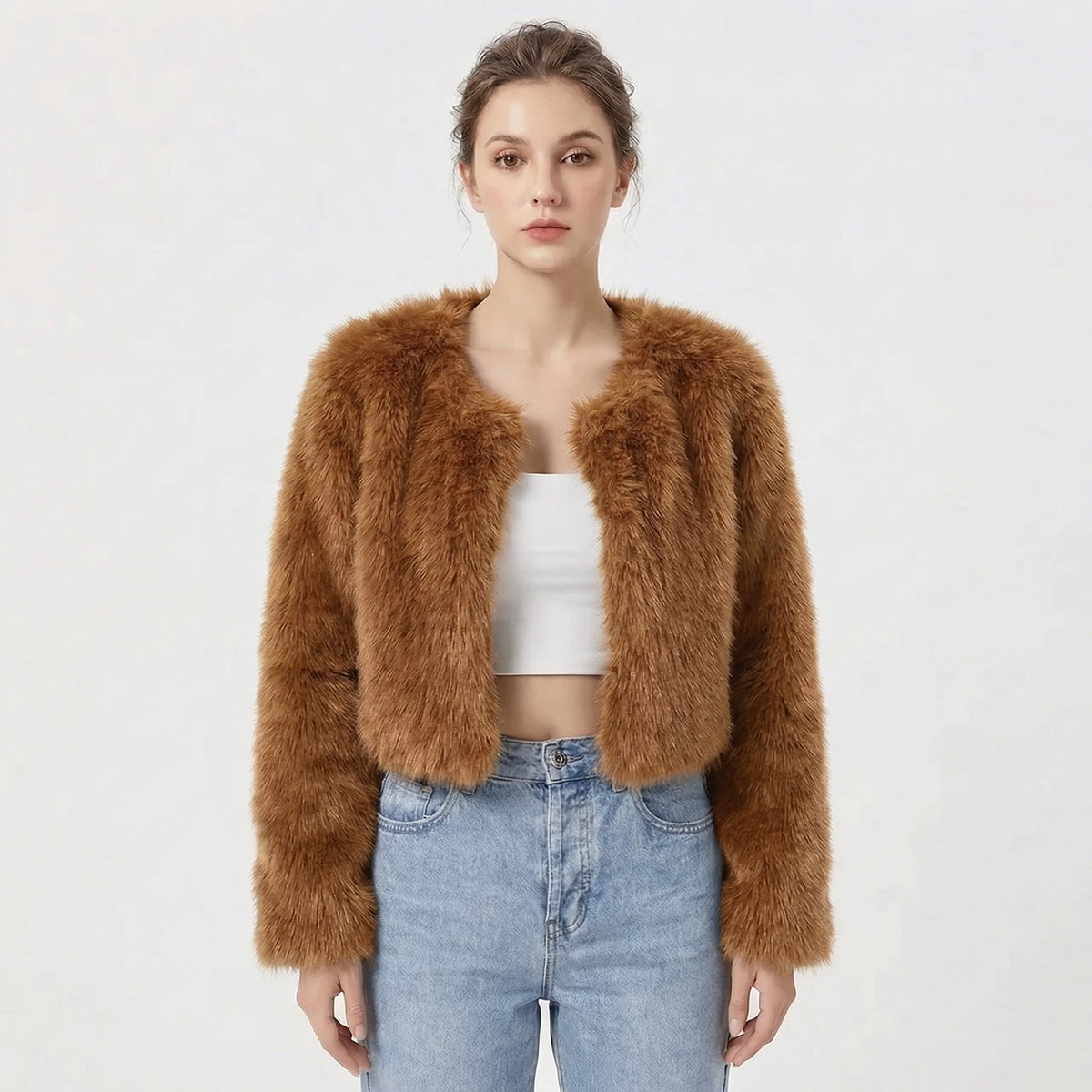 Wren – Round-Neck Cropped Fur-Look Coat for Women