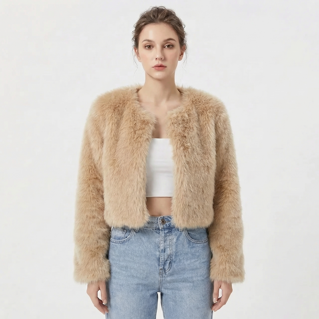 Wren – Round-Neck Cropped Fur-Look Coat for Women
