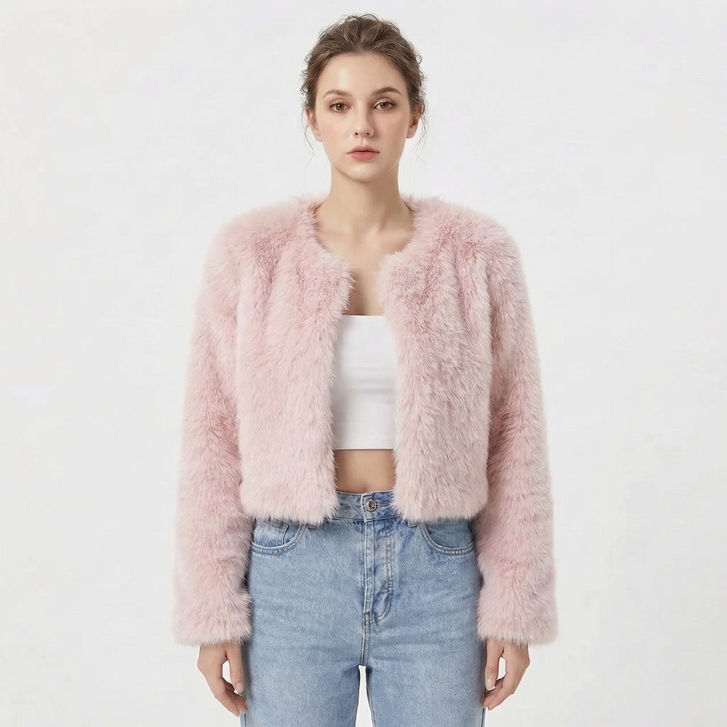 Wren – Round-Neck Cropped Fur-Look Coat for Women